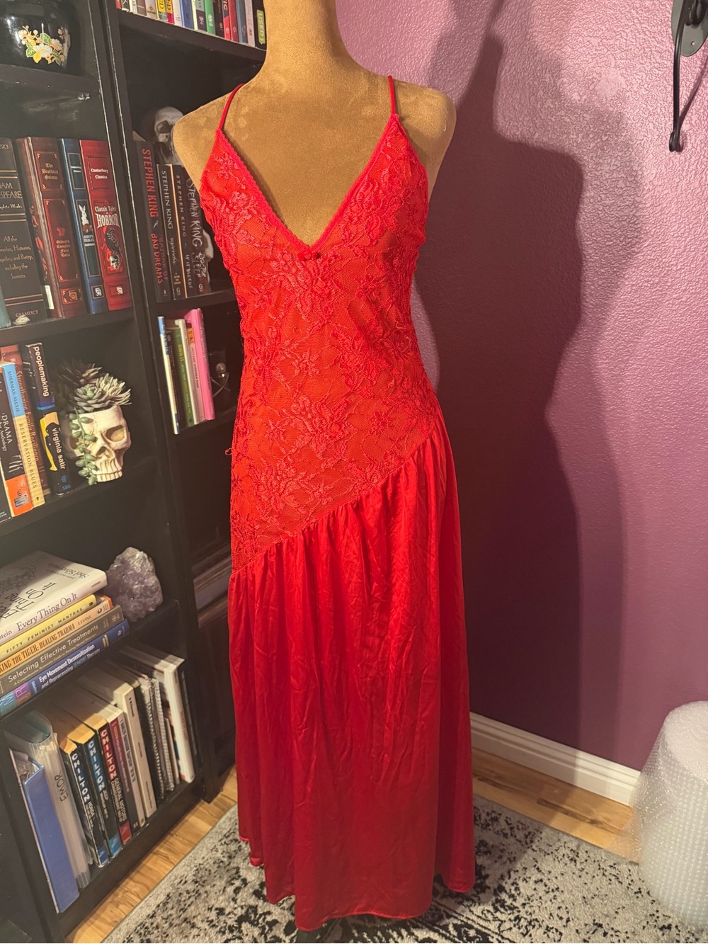 Old Hollywood Bias waist Red Lace Slip Maxi Dress with Spaghetti strps